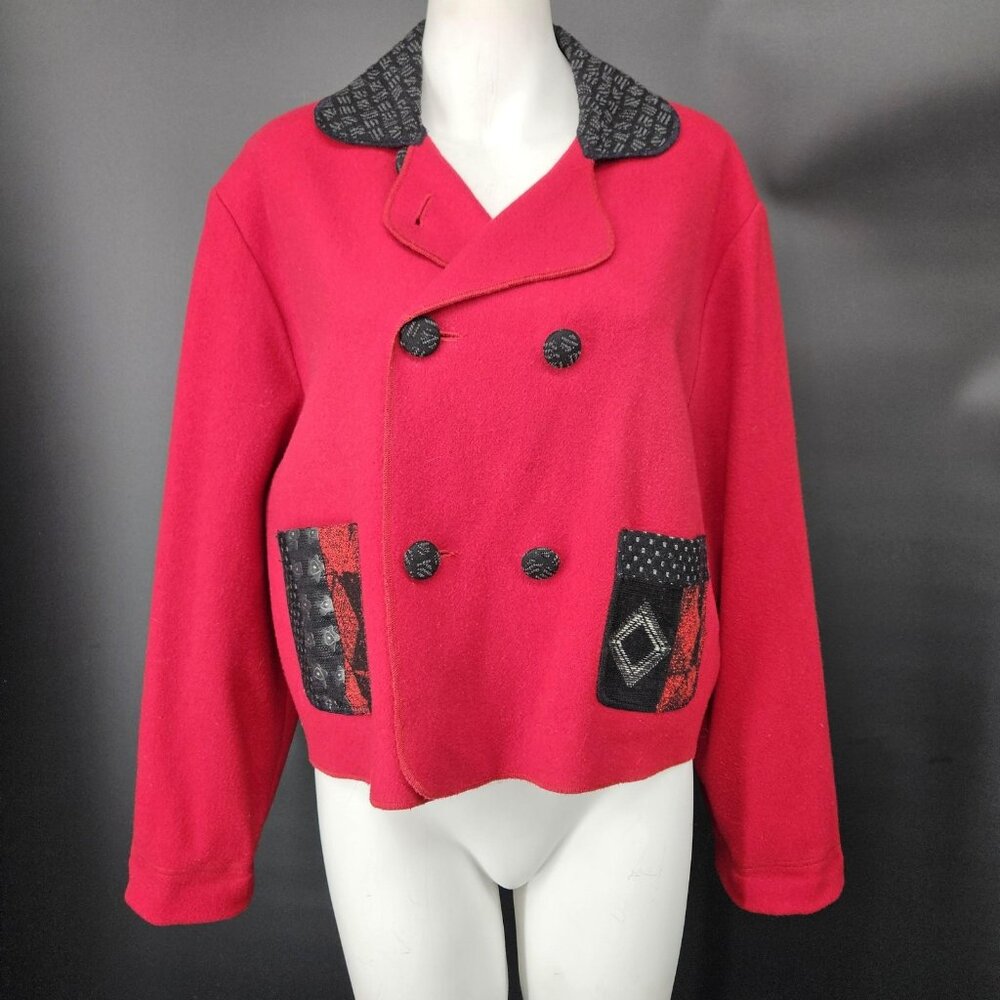 Canvasbacks Jacket Pea Coat Womens Large Red Wool Double Breasted Patch Pockets